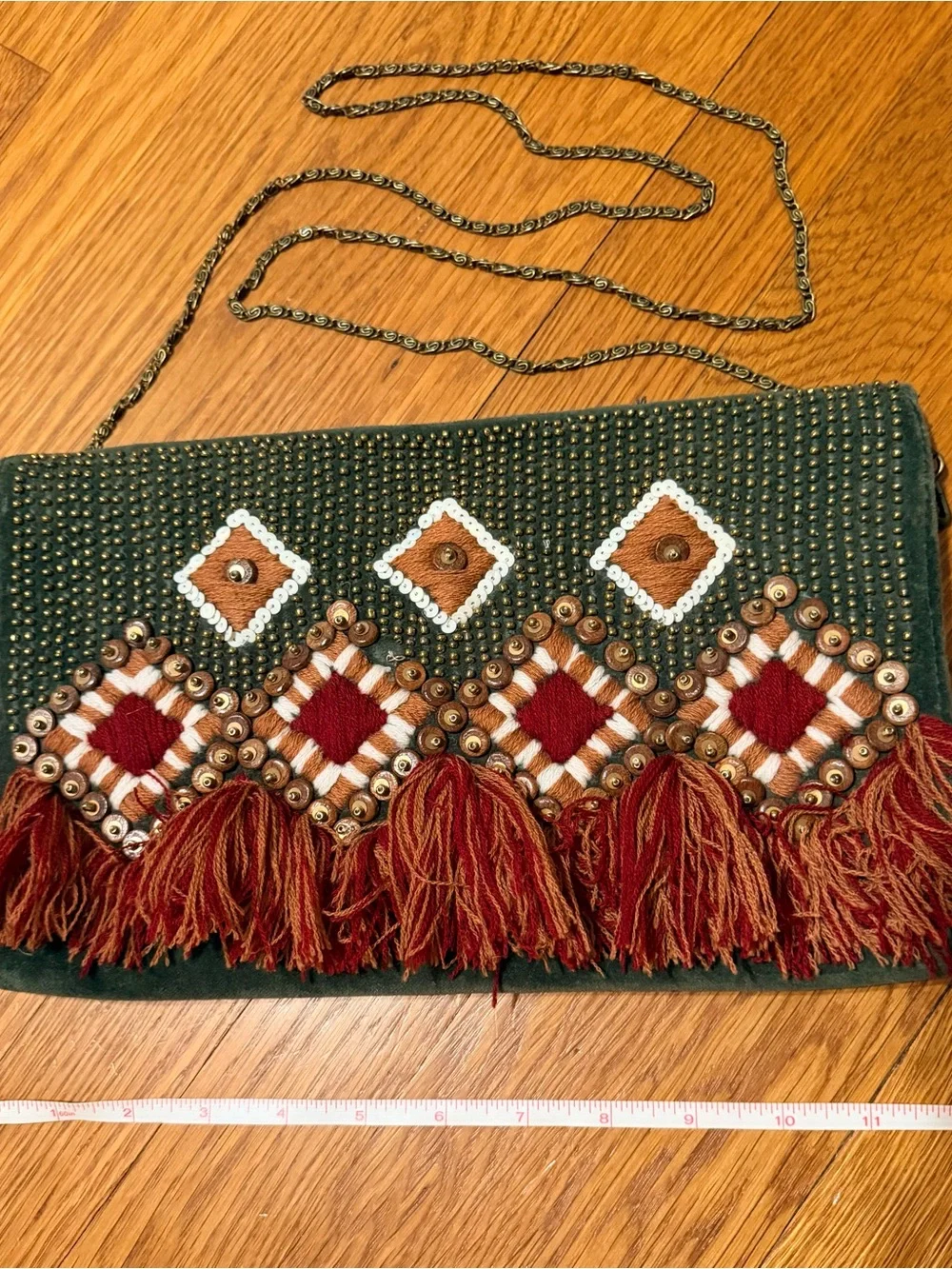 Gorgeous Boho Tassel Embroidered Green Clutch/Crossbody With Detachable Chain